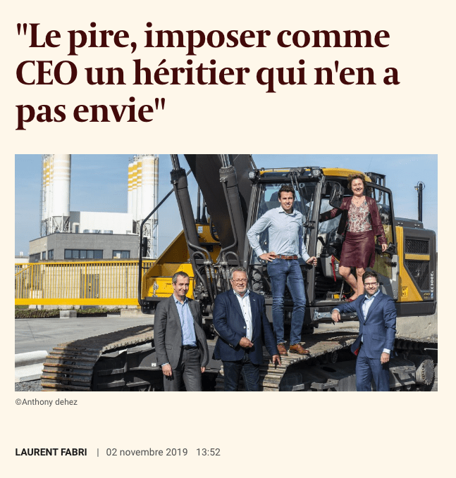 Capture d’écran d’un article de l’Echo s’intitulant: « le pire, imposer comme CEO un héritier qui n’en a pas envie », publié le 02 novembre 2019 et disponible à l’adresse: https://www.lecho.be/dossier/pme-wallonie/le-pire-imposer-comme-ceo-un-heritier-qui-n-en-a-pas-envie/10178184.html