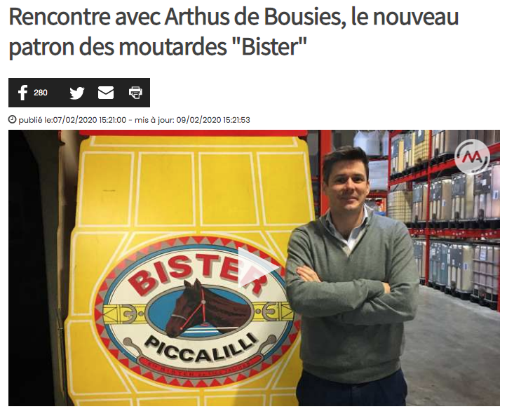 Capture d’écran de l’article de Matele s’intitulant: « Rencontre avec Arthus de Bousies, le nouveau patron des moutardes « Bister » publié le 07 février 2020 et disponible à l’adresse: https://www.matele.be/rencontre-avec-arthus-de-bousies-le-nouveau-patron-des-moutardes-bister