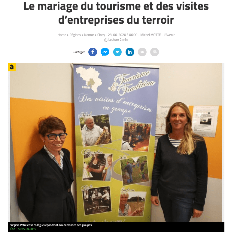 Capture d'écran d'un article de l’Avenir s'intitulant "Le mariage du tourisme et des visites d’entreprises du terroir". Cet article a été publié le 23 juillet 2020 et est disponible à l'adresse: https://www.lavenir.net/cnt/dmf20200622_01485135/le-mariage-du-tourisme-et-des-visites-d-entreprises-du-terroir