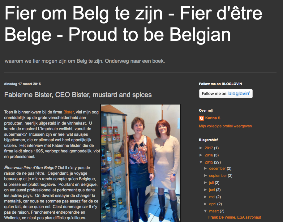 Capture d’écran d’un article de Top Belgen s’intitulant: « Fier d’être Belge », publié le 17 mars 2015 et disponible à l’adresse: http://top-belgen.blogspot.com/2015/03/fabienne-bister-ceo-bister-mustard-and.html