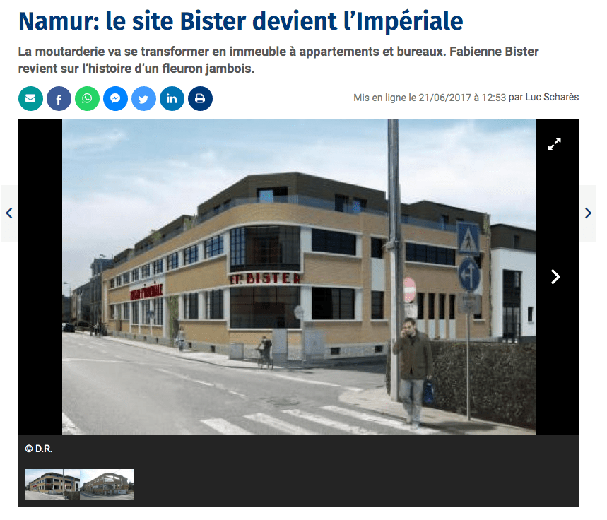 Capture d’écran d’un article du Soir s’intitulant: « Namur: le site Bister devient l’Impériale », publié le 21 juin 2017 et disponible à l’adresse: https://www.lesoir.be/100781/article/2017-06-21/namur-le-site-bister-devient-limperiale