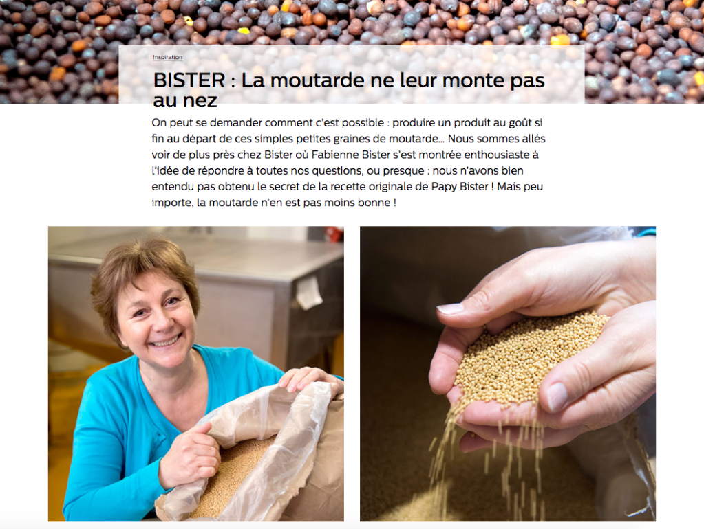 Capture d’écran d’un article de MonSpar s’intitulant: « Bister: La moutarde ne leur monte pas au nez », publié en 2018 et disponible à l’adresse: https://www.monspar.be/inspiration/bister-la-moutarde-ne-leur-monte-pas-au-nez