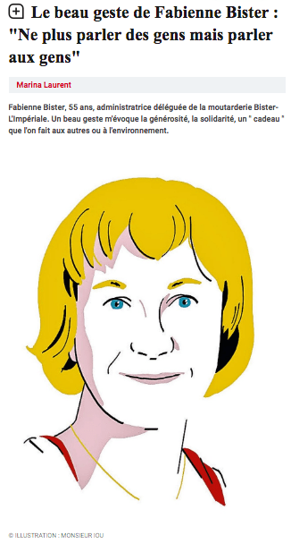 Capture d’écran d’un article du Vif s’intitulant: « le beau geste de Fabienne Bister: ne plus parler des gens mais parler aux gens », publié le 26 février 2019 et disponible à l’adresse: https://www.levif.be/actualite/positif/le-beau-geste-de-fabienne-bister-ne-plus-parler-des-gens-mais-parler-aux-gens/article-normal-1092065.html?cookie_check=1596445322